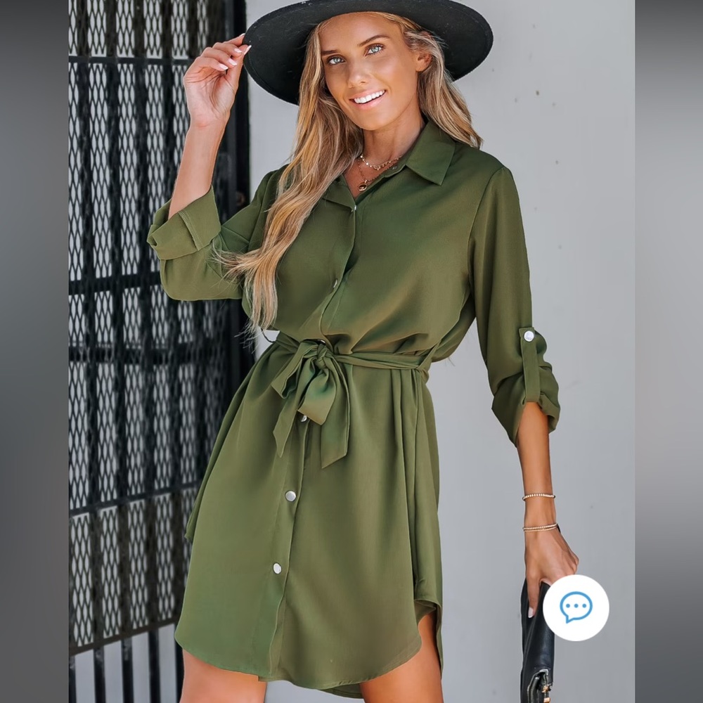 Olive belted mini shirt dress.